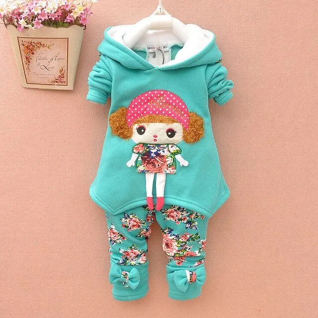 Baby Girls Winter Thicken Warm Wool Christmas Clothing Set Korean Kids Snowsuit Clothes Set Children Hoodies+pant 2pcs Kids Suit