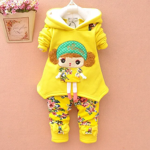 Baby Girls Winter Thicken Warm Wool Christmas Clothing Set Korean Kids Snowsuit Clothes Set Children Hoodies+pant 2pcs Kids Suit