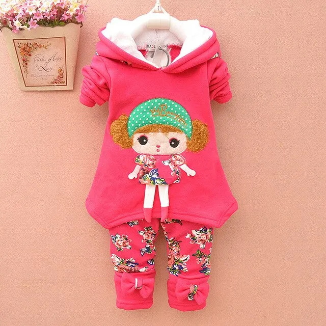 Baby Girls Winter Thicken Warm Wool Christmas Clothing Set Korean Kids Snowsuit Clothes Set Children Hoodies+pant 2pcs Kids Suit