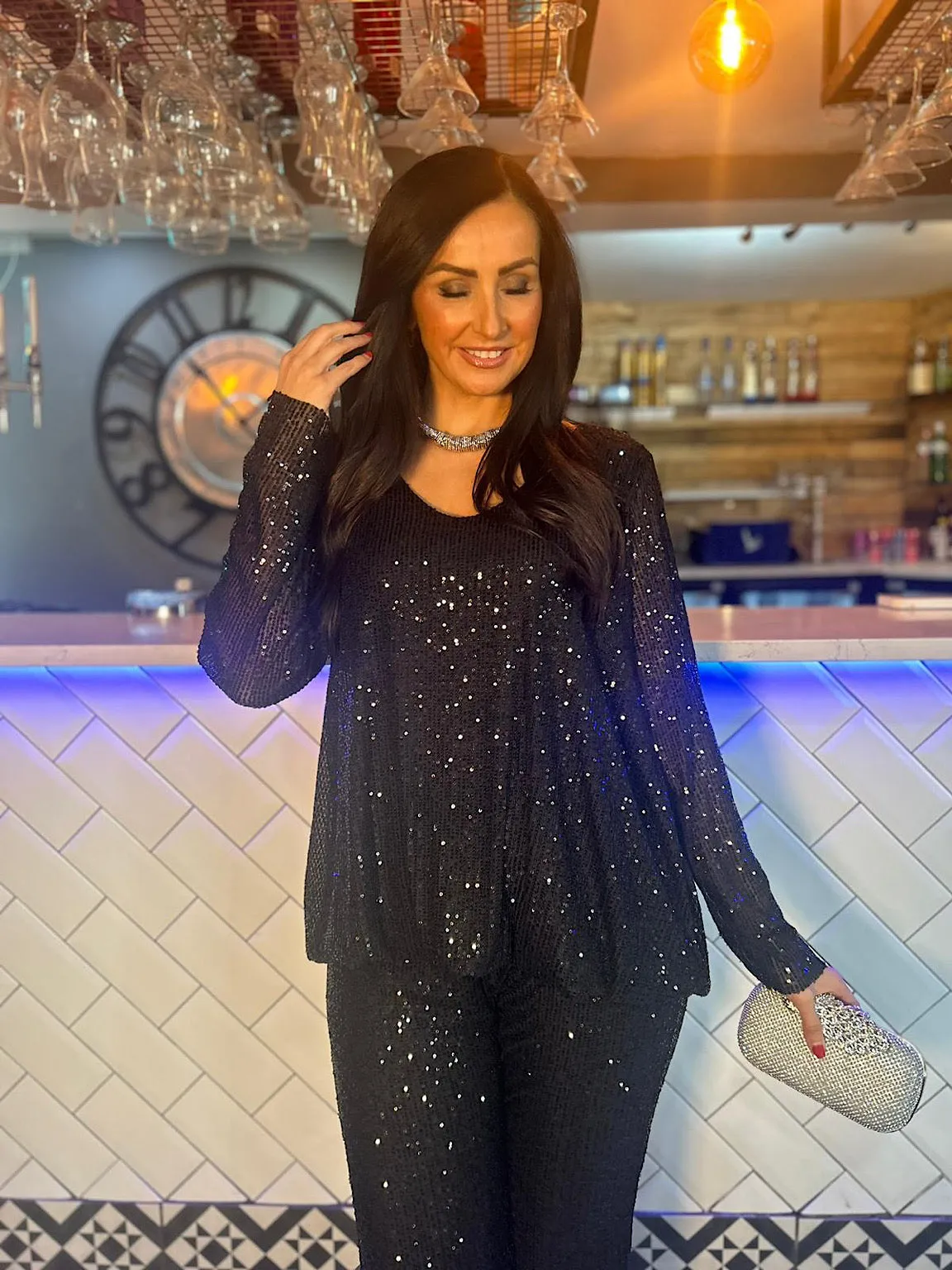 Black Sequin V Neck Top Yasmin