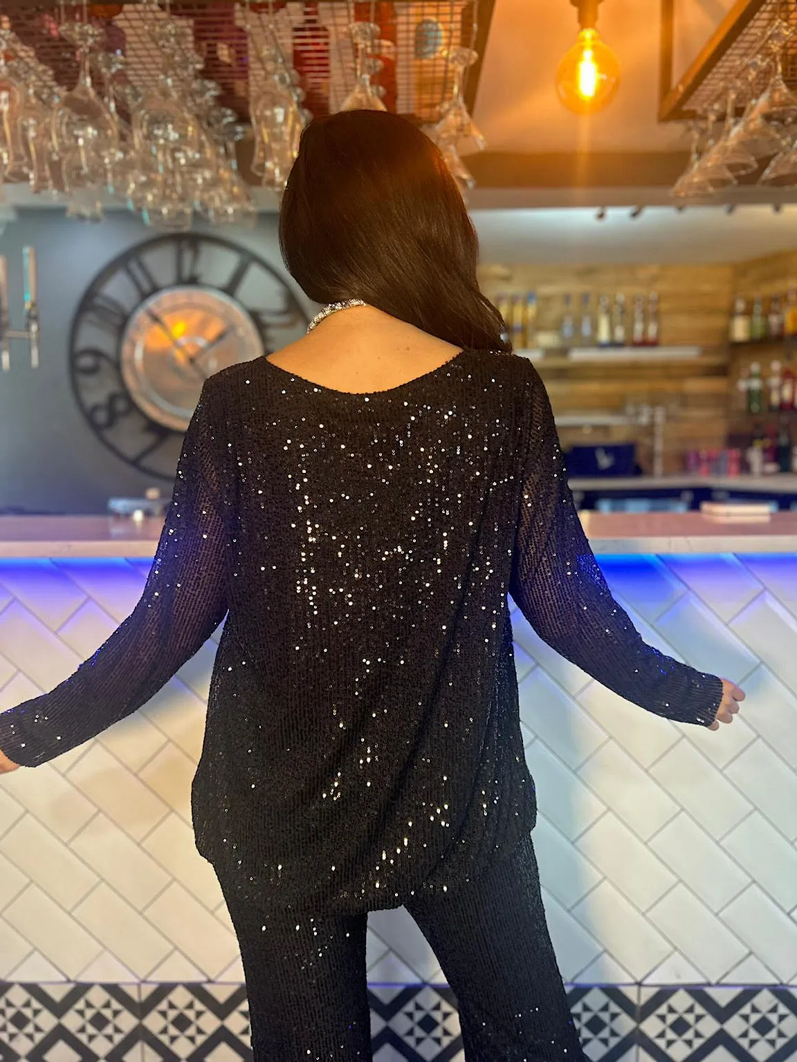 Black Sequin V Neck Top Yasmin