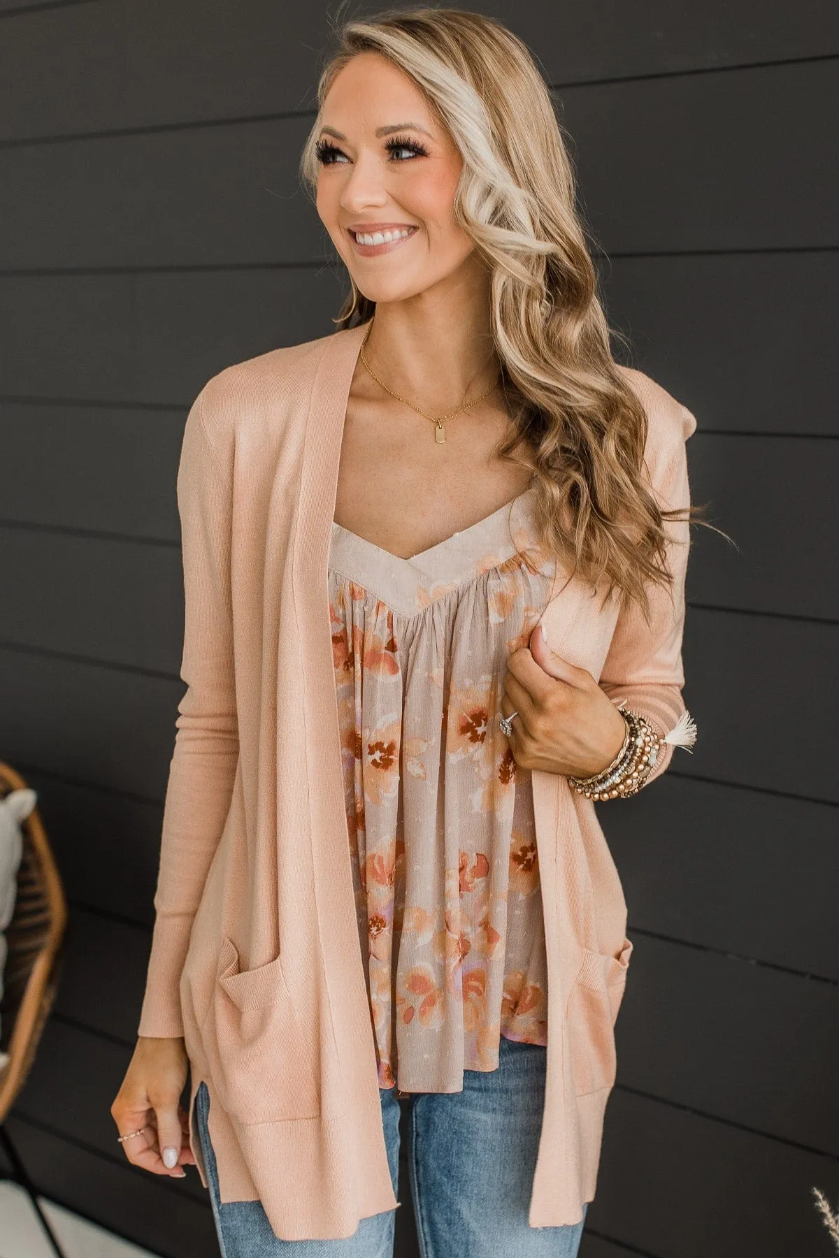 Can't Resist This Knit Pocket Cardigan- Light Peach