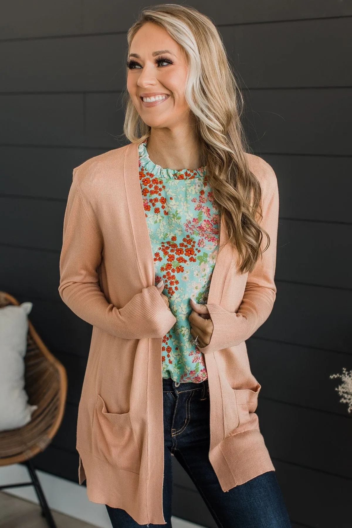 Can't Resist This Knit Pocket Cardigan- Light Peach