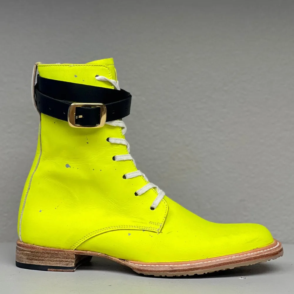 Combat boot-side zip / Neon leather w/ grey painted accents-contrast leather ankle strap