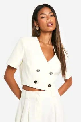 Contrast Button Collarless Cropped Blazer