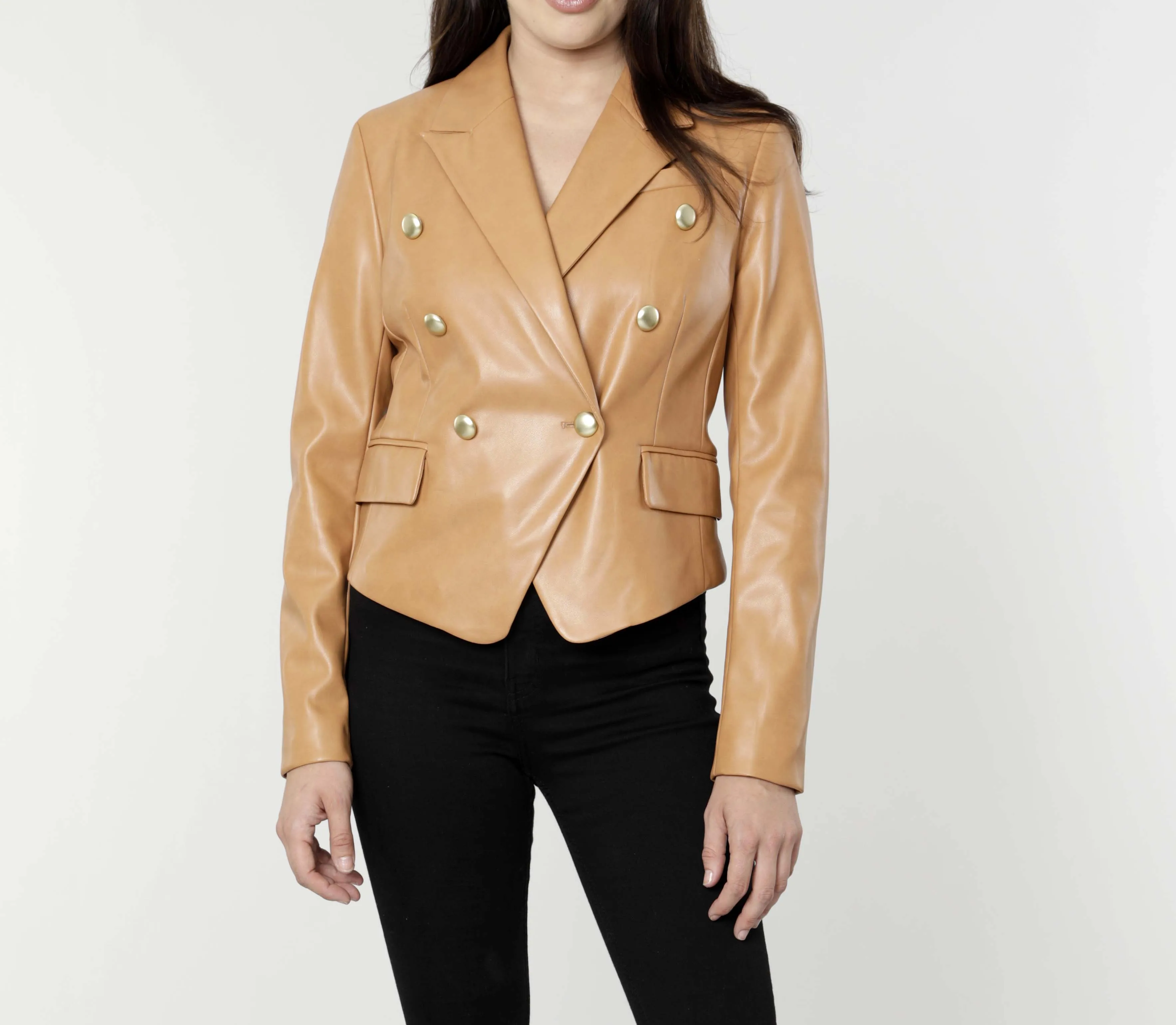 Cropped Faux Leather Double Breasted Blazer