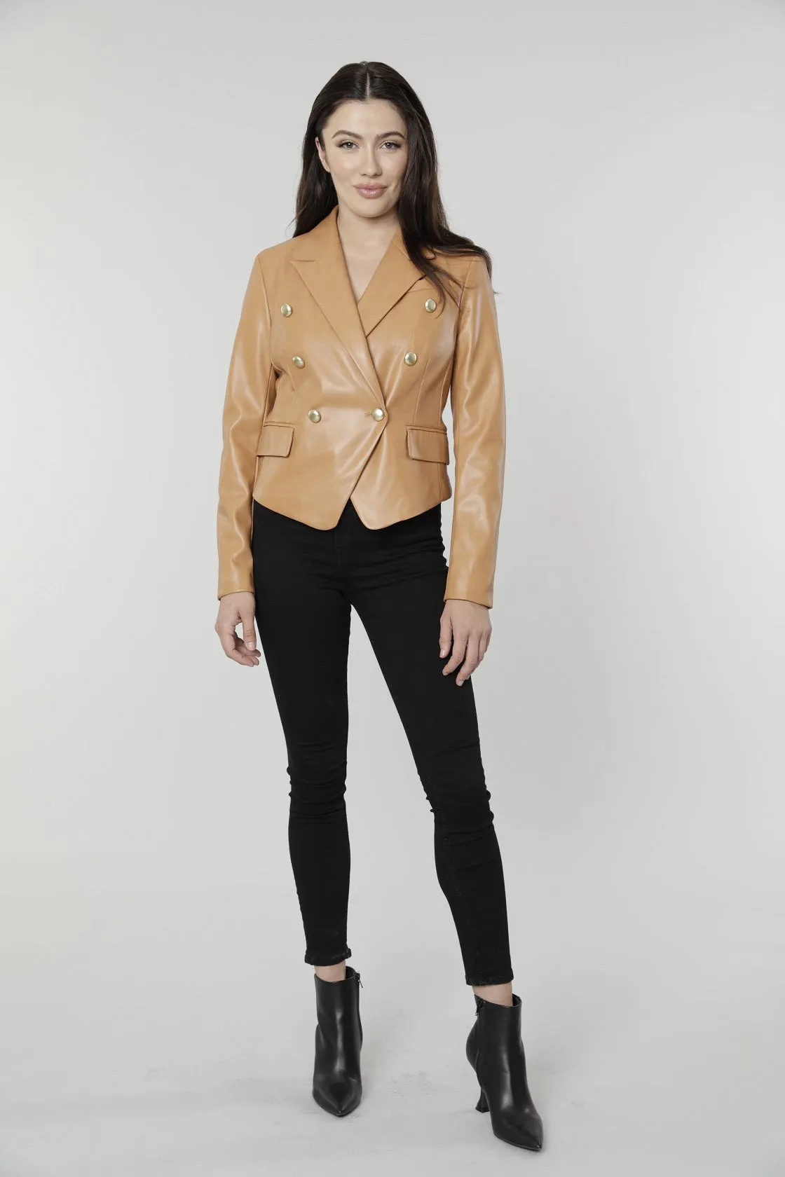 Cropped Faux Leather Double Breasted Blazer