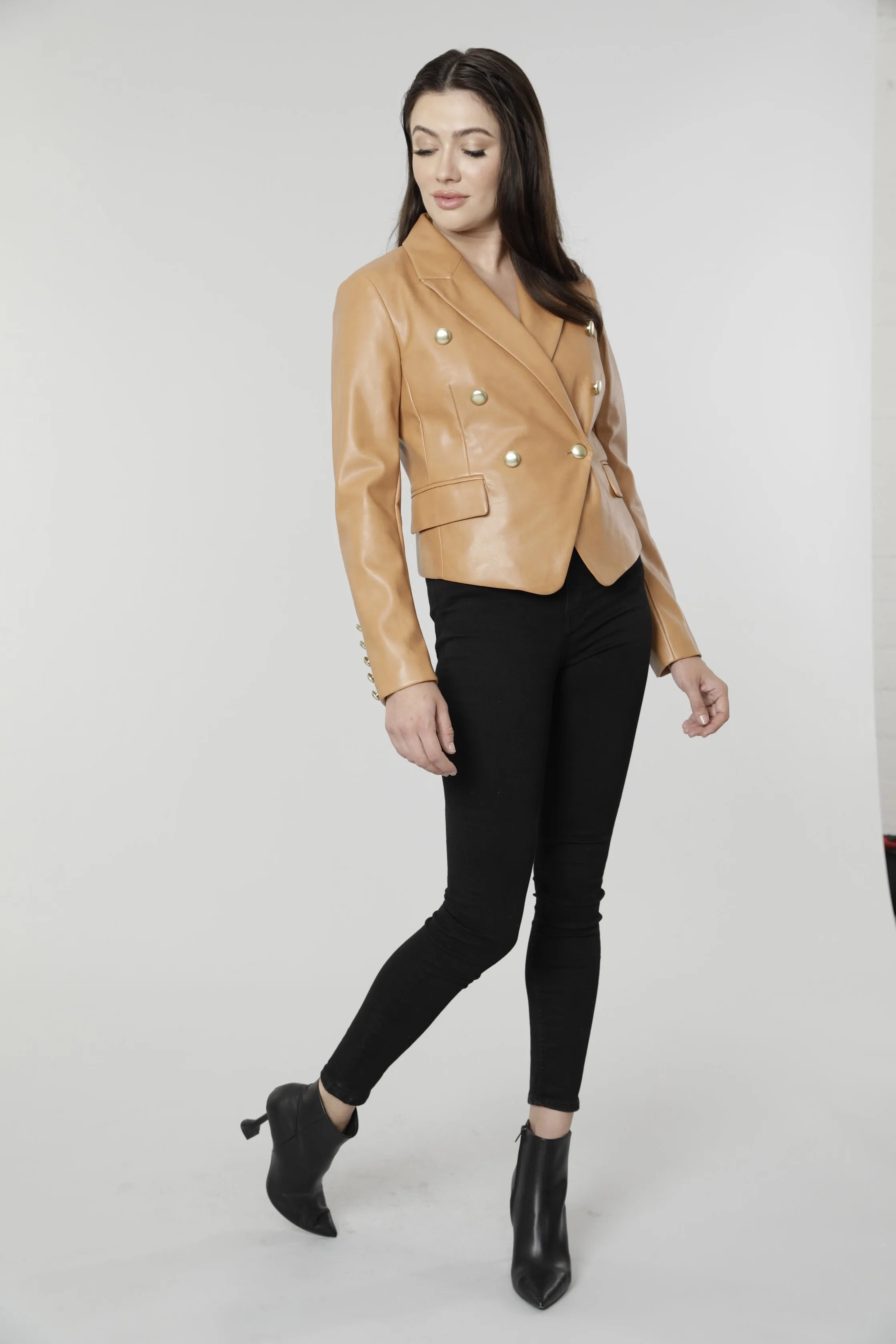 Cropped Faux Leather Double Breasted Blazer