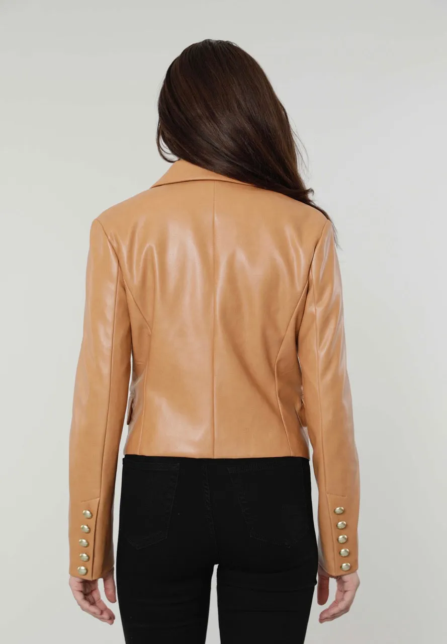 Cropped Faux Leather Double Breasted Blazer