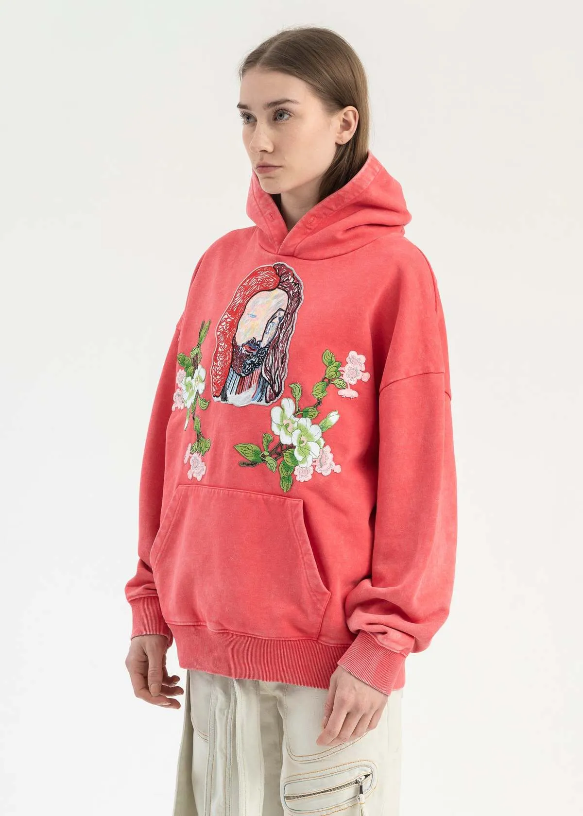 EMBROIDERY PATCHWORK HOODIES - WASHED RED