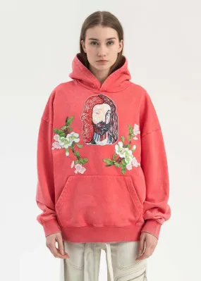 EMBROIDERY PATCHWORK HOODIES - WASHED RED