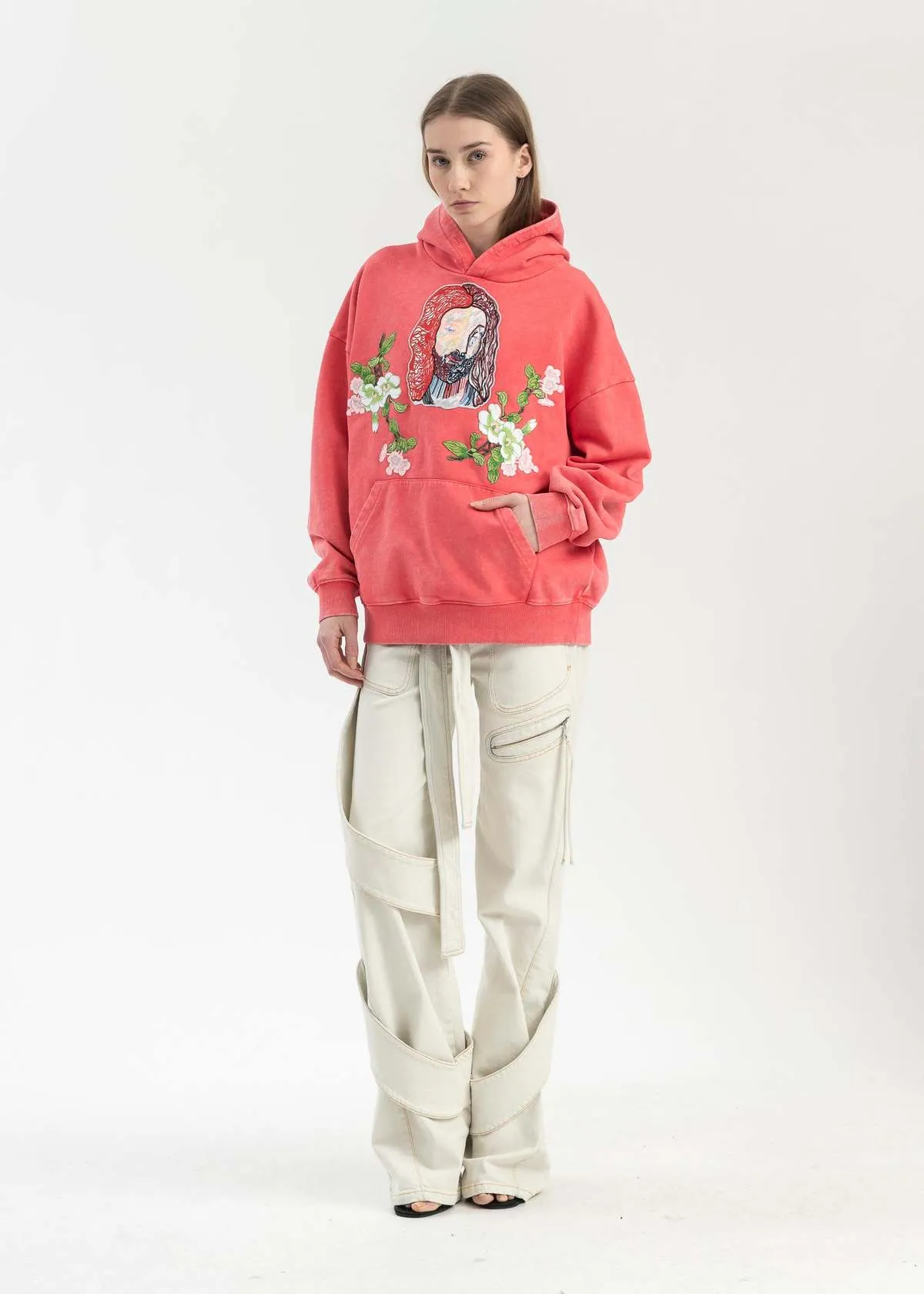 EMBROIDERY PATCHWORK HOODIES - WASHED RED