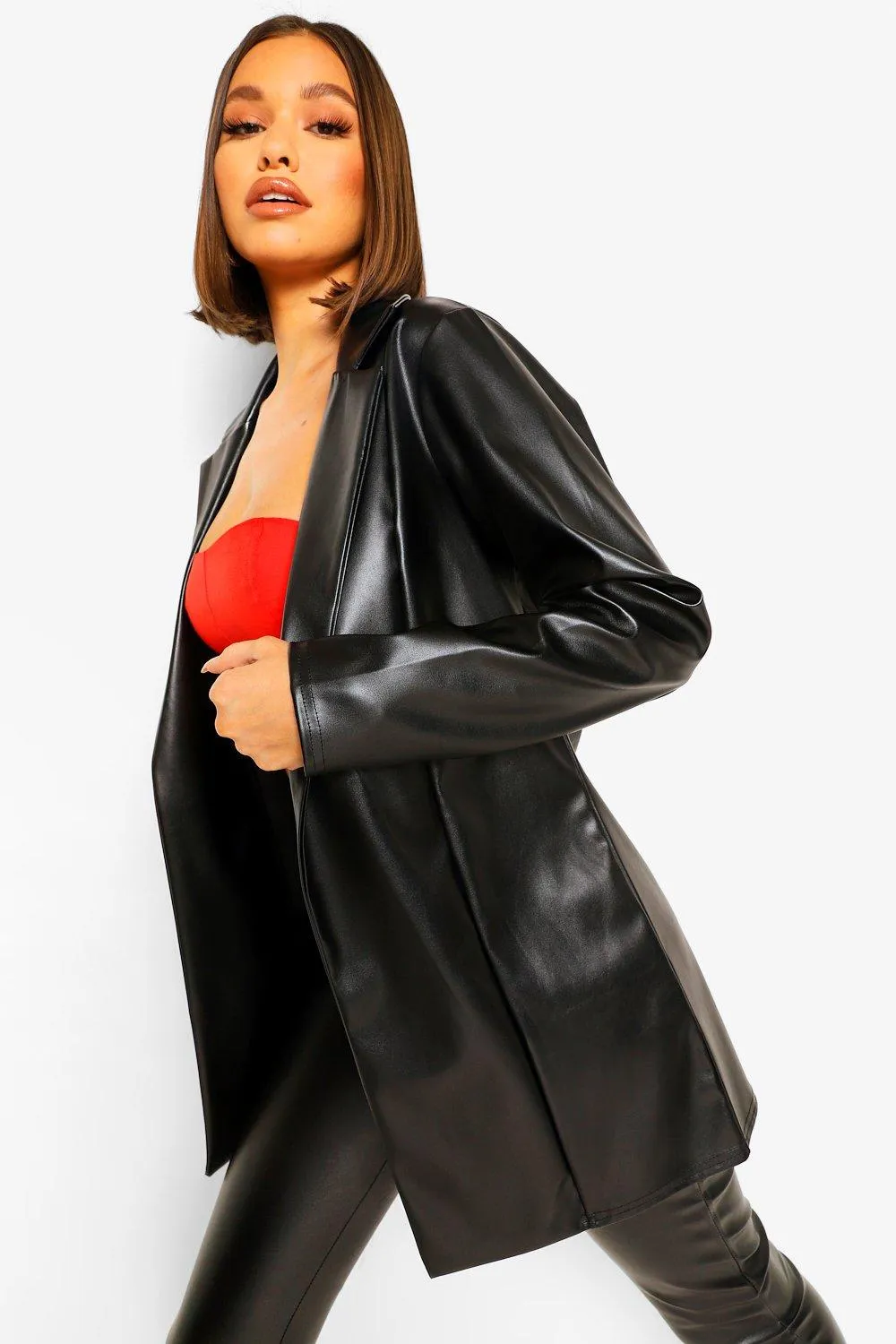 Faux Leather Longline Blazer