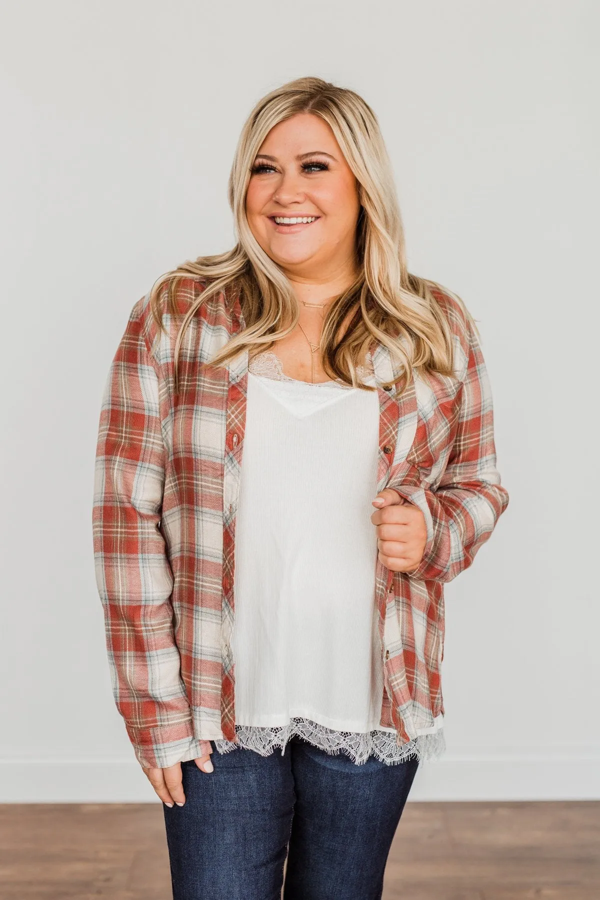 Friendly Smiles Button Down Plaid Top- Rust & Beige