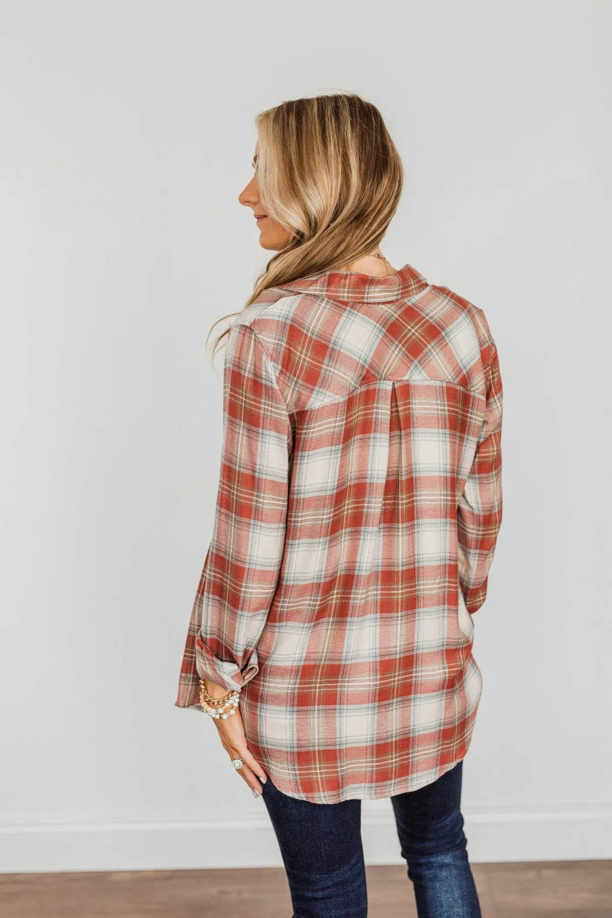 Friendly Smiles Button Down Plaid Top- Rust & Beige