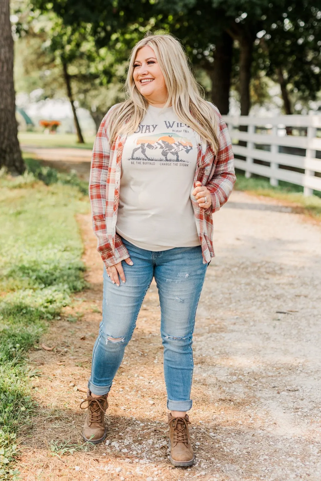 Friendly Smiles Button Down Plaid Top- Rust & Beige