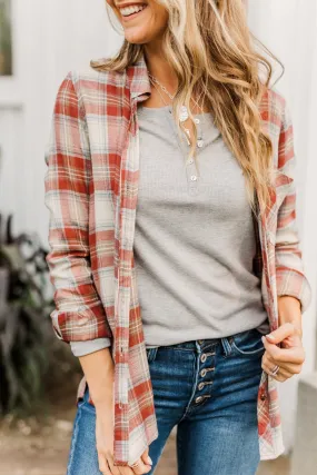 Friendly Smiles Button Down Plaid Top- Rust & Beige