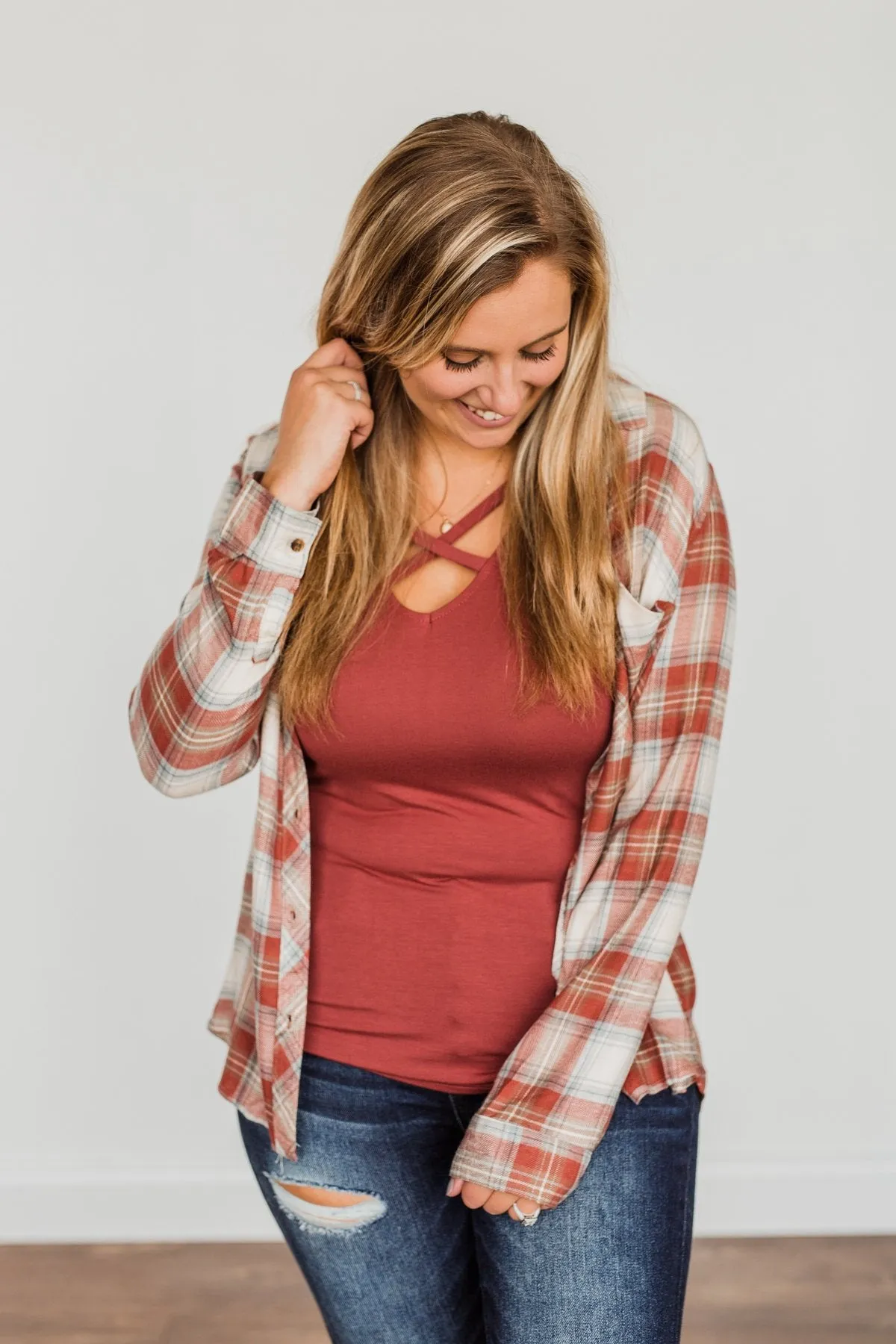 Friendly Smiles Button Down Plaid Top- Rust & Beige