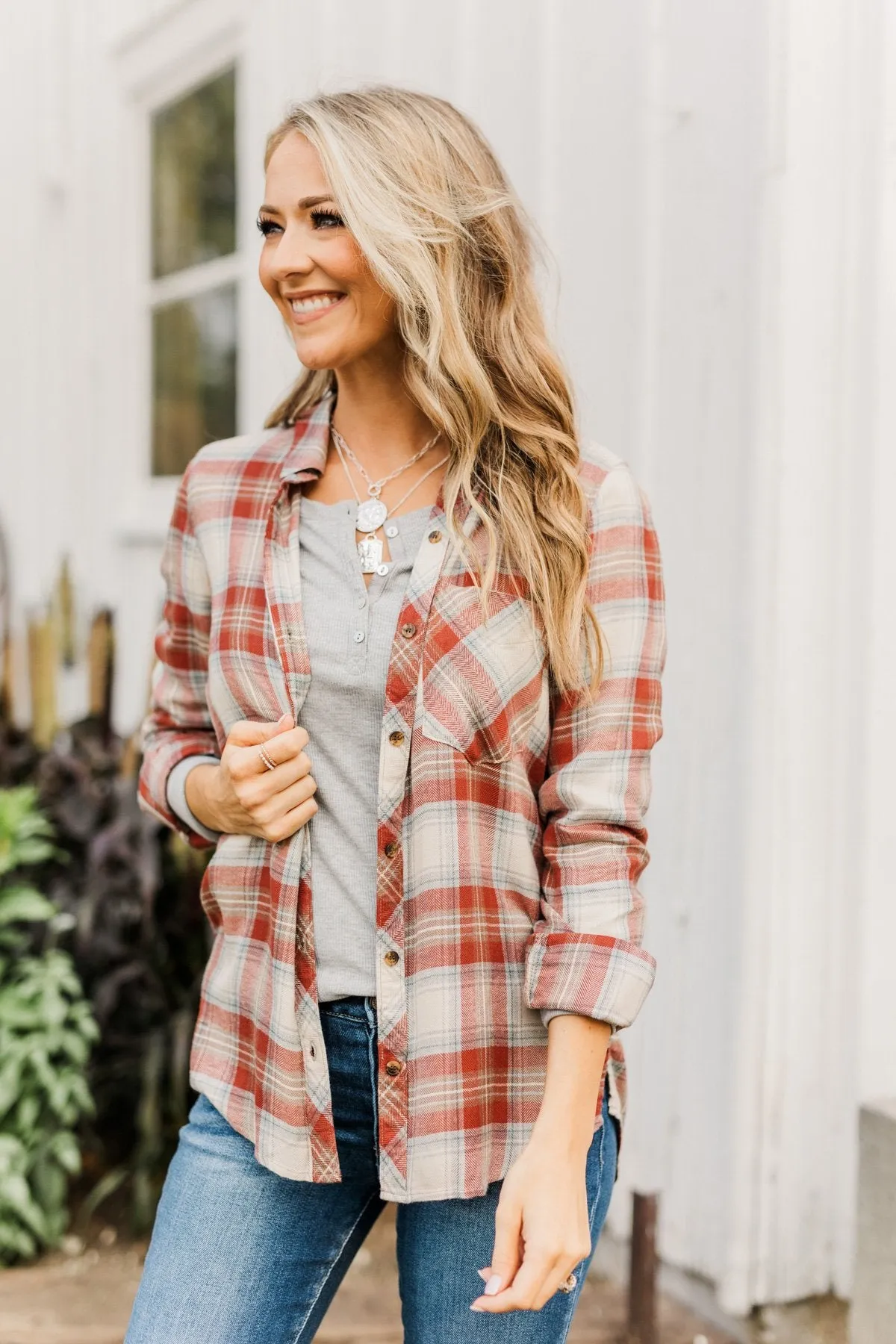 Friendly Smiles Button Down Plaid Top- Rust & Beige