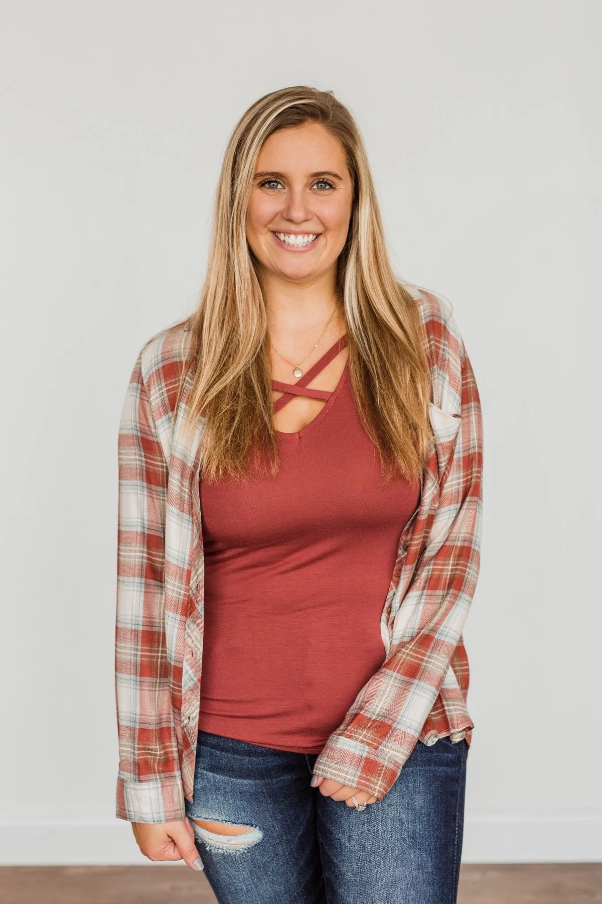 Friendly Smiles Button Down Plaid Top- Rust & Beige