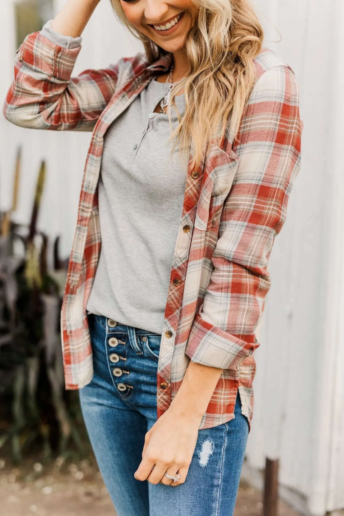 Friendly Smiles Button Down Plaid Top- Rust & Beige