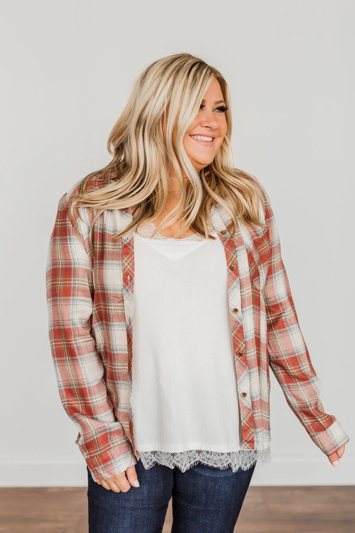 Friendly Smiles Button Down Plaid Top- Rust & Beige