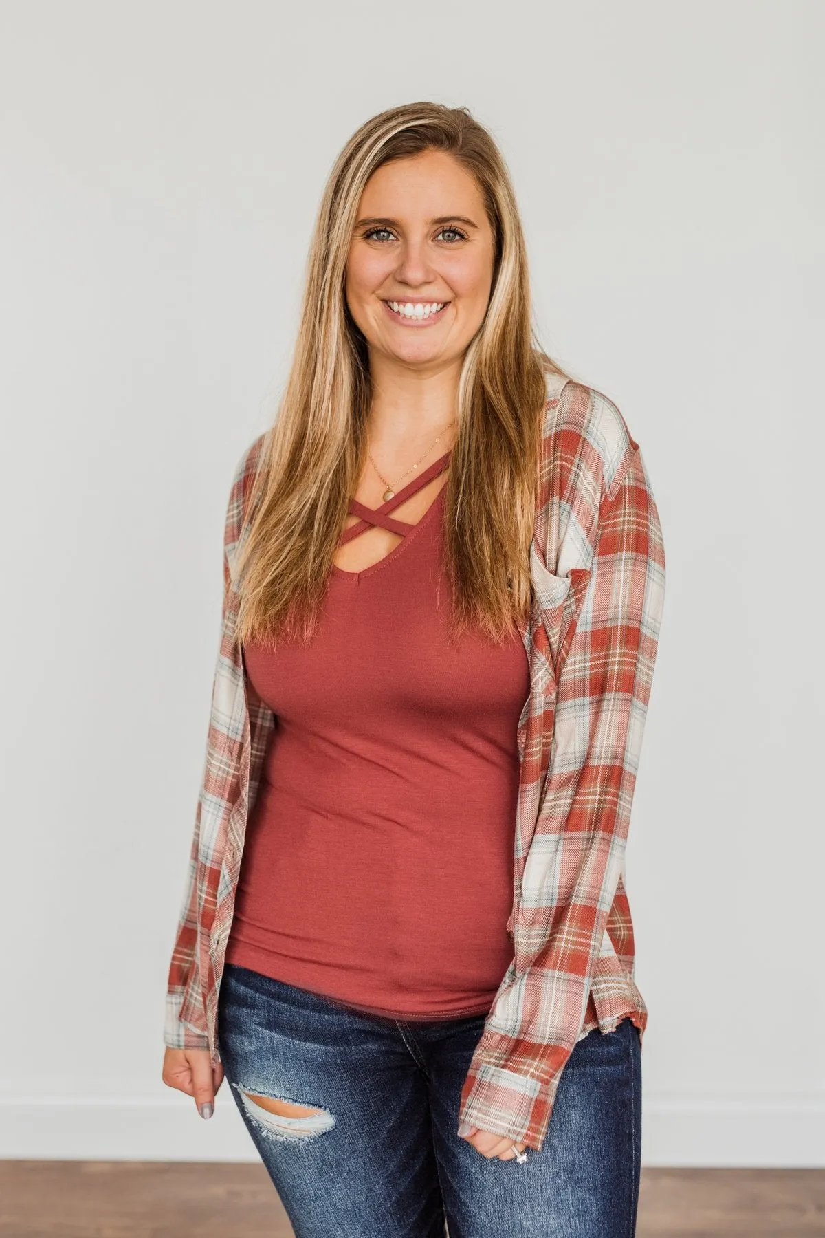 Friendly Smiles Button Down Plaid Top- Rust & Beige