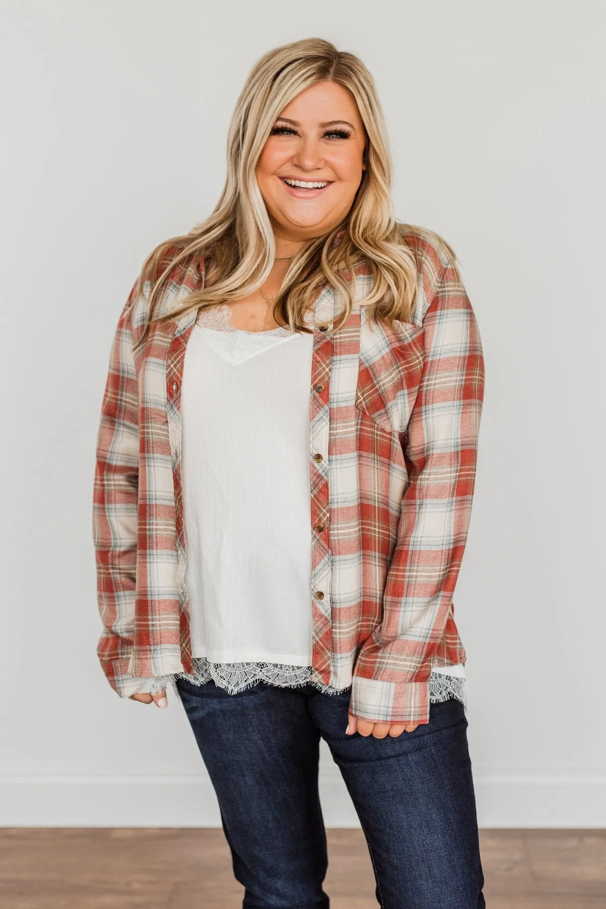 Friendly Smiles Button Down Plaid Top- Rust & Beige