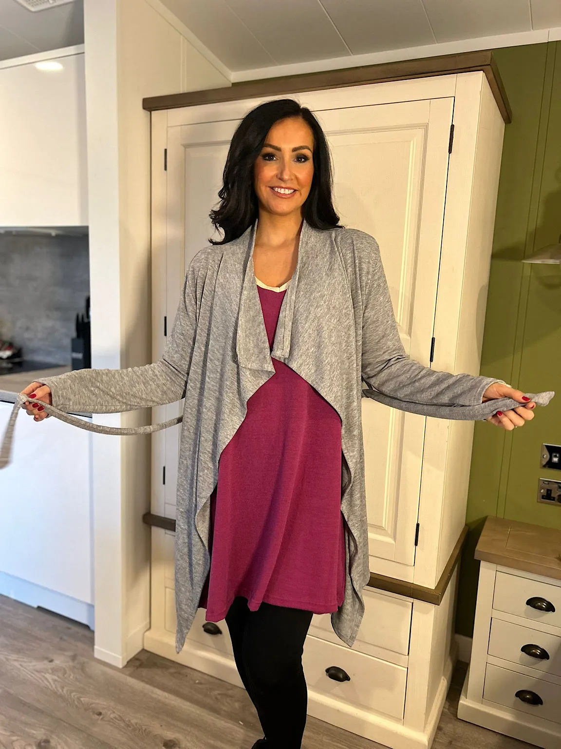 Grey Waterfall Belted Cardigan Delaney