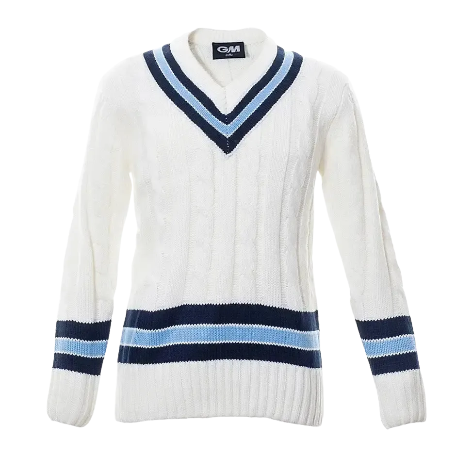 Gunn & Moore Trimmed Long Sleeve Cable Knit Cricket Sweater for Kids in Ivory, Navy & Sky