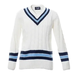 Gunn & Moore Trimmed Long Sleeve Cable Knit Cricket Sweater for Kids in Ivory, Navy & Sky