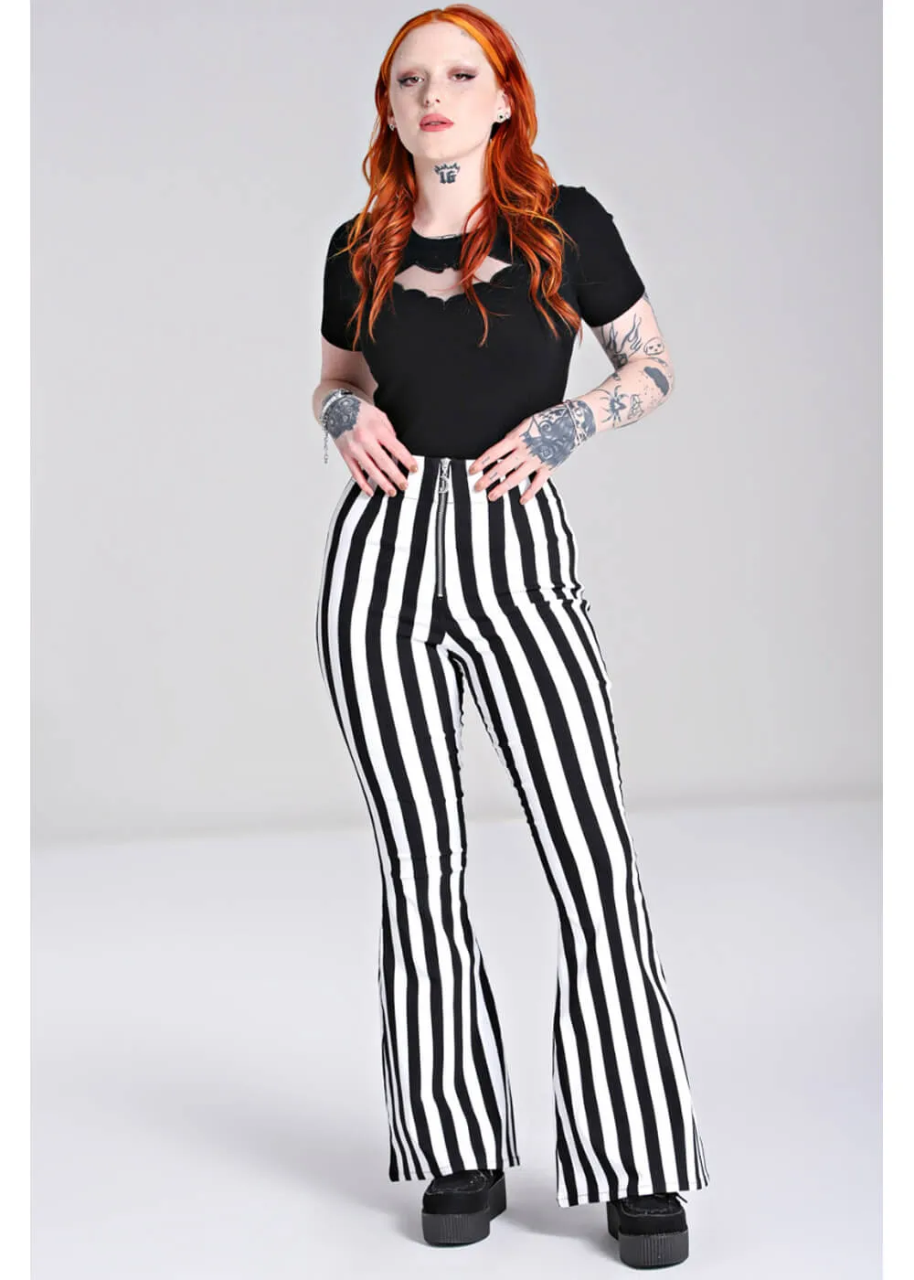 Hell Bunny Gaspar Stripe 70's Flare Trousers Black White