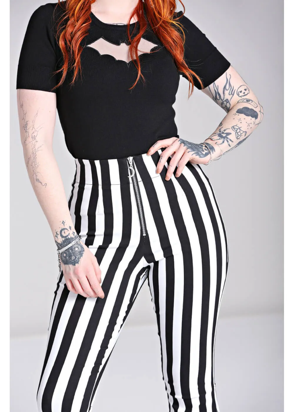 Hell Bunny Gaspar Stripe 70's Flare Trousers Black White