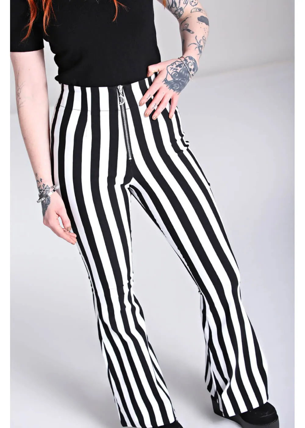 Hell Bunny Gaspar Stripe 70's Flare Trousers Black White