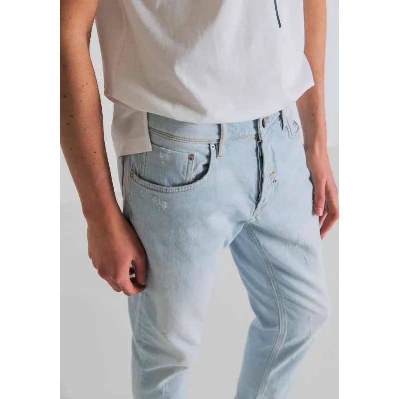 JEANS TAPPERED IN TELA DENIM STRETCH, AZZURRO