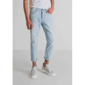 JEANS TAPPERED IN TELA DENIM STRETCH, AZZURRO