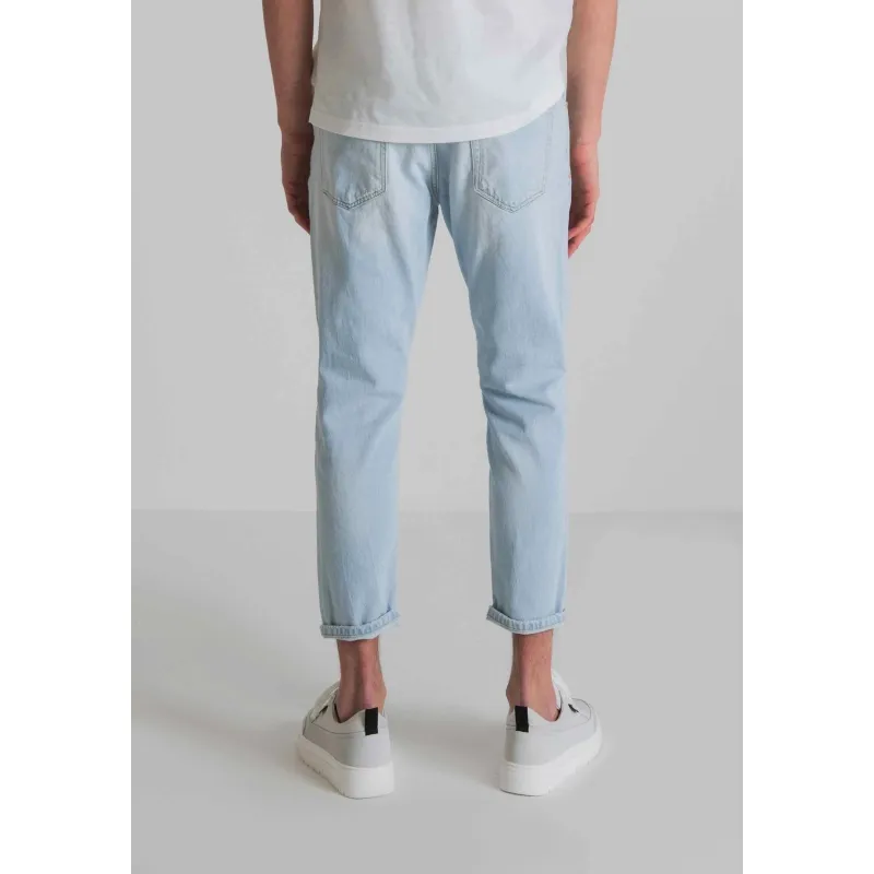 JEANS TAPPERED IN TELA DENIM STRETCH, AZZURRO