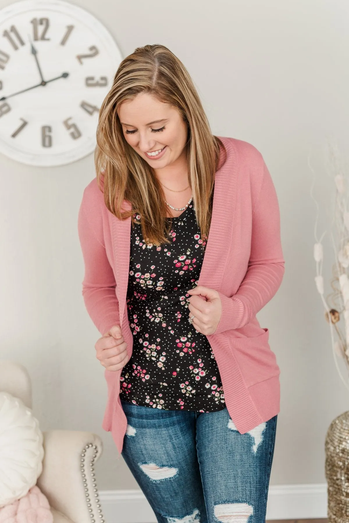 Light Weight Open Front Cardigan- Dusty Pink