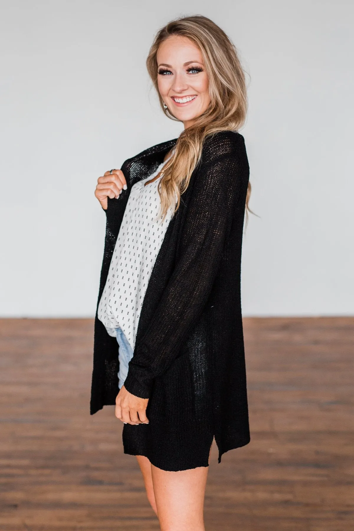 Long Sleeve Knit Cardigan- Black