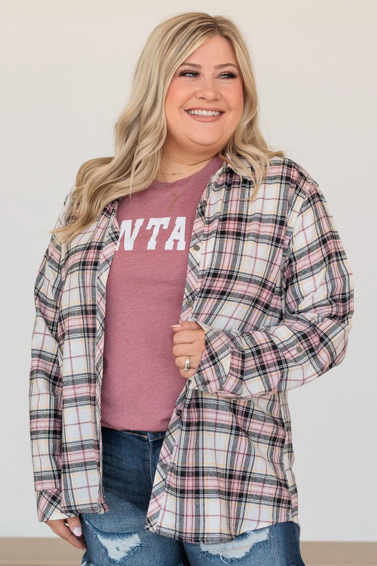 Lovely Seeing You Button Down Flannel- Ivory & Pink