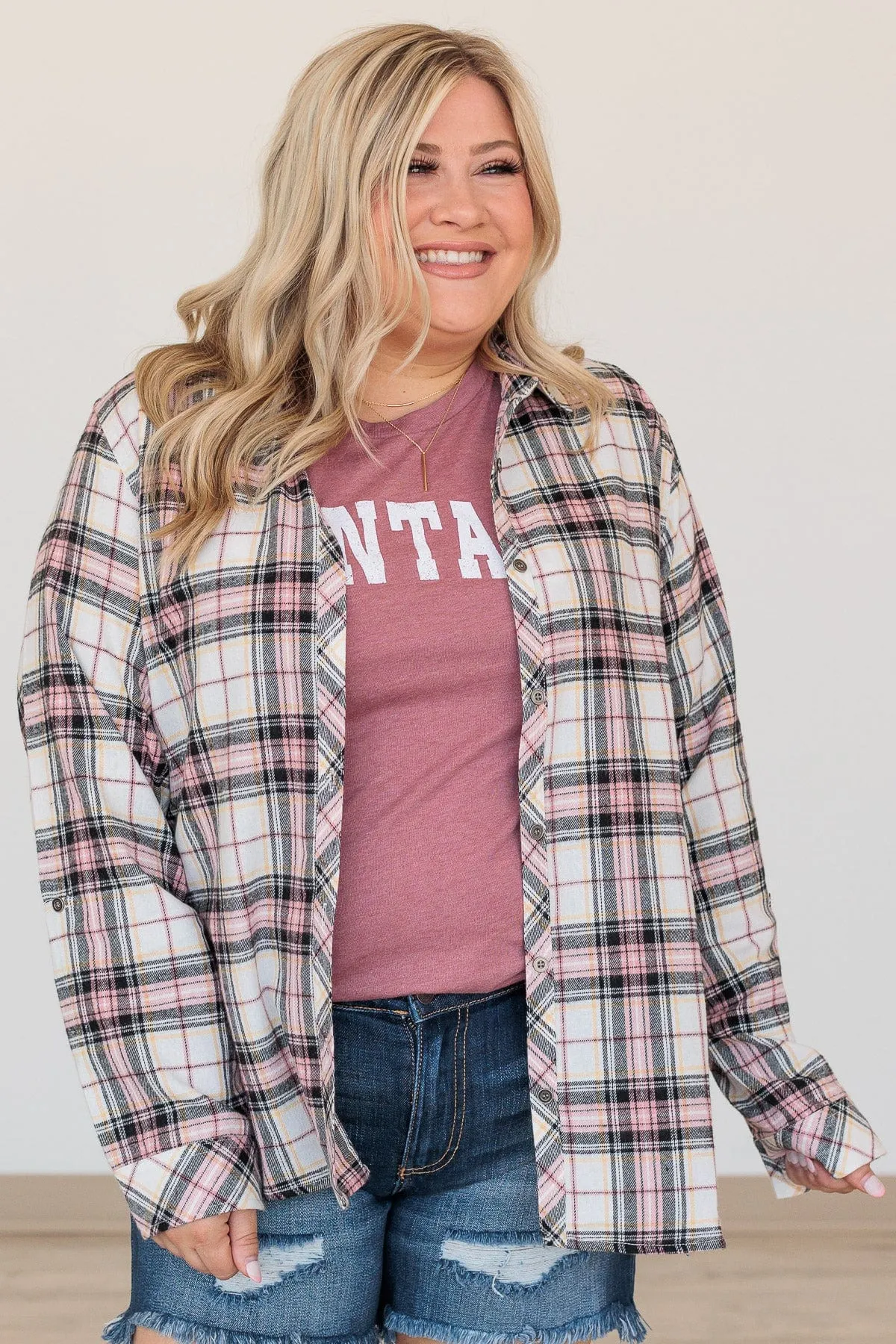 Lovely Seeing You Button Down Flannel- Ivory & Pink