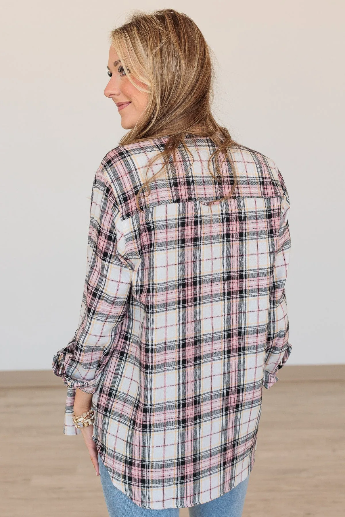 Lovely Seeing You Button Down Flannel- Ivory & Pink