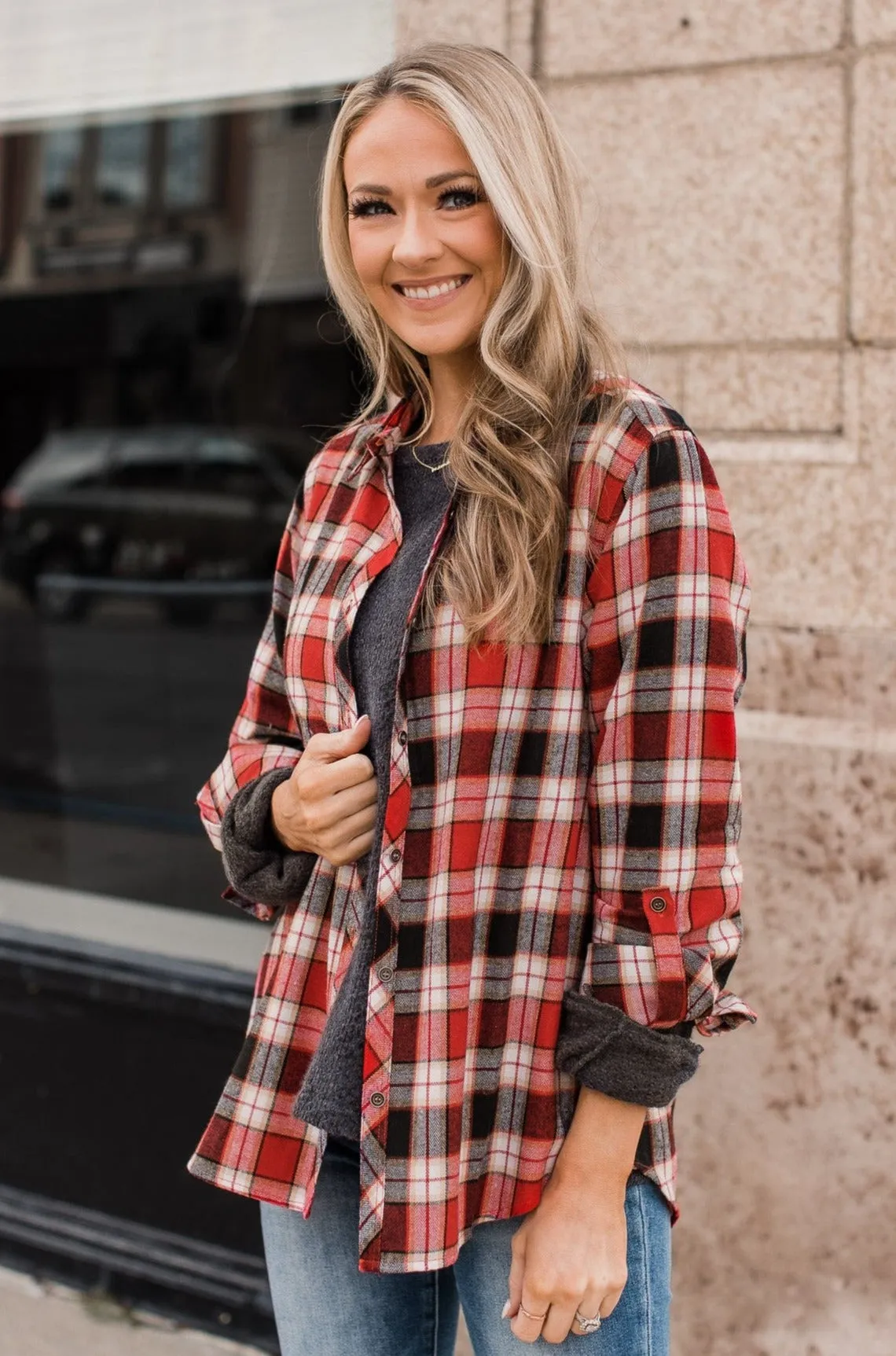 Lovely Seeing You Button Down Flannel- Red & Black