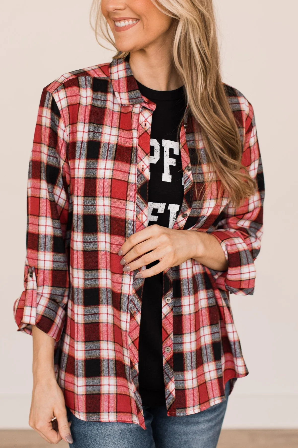 Lovely Seeing You Button Down Flannel- Red & Black