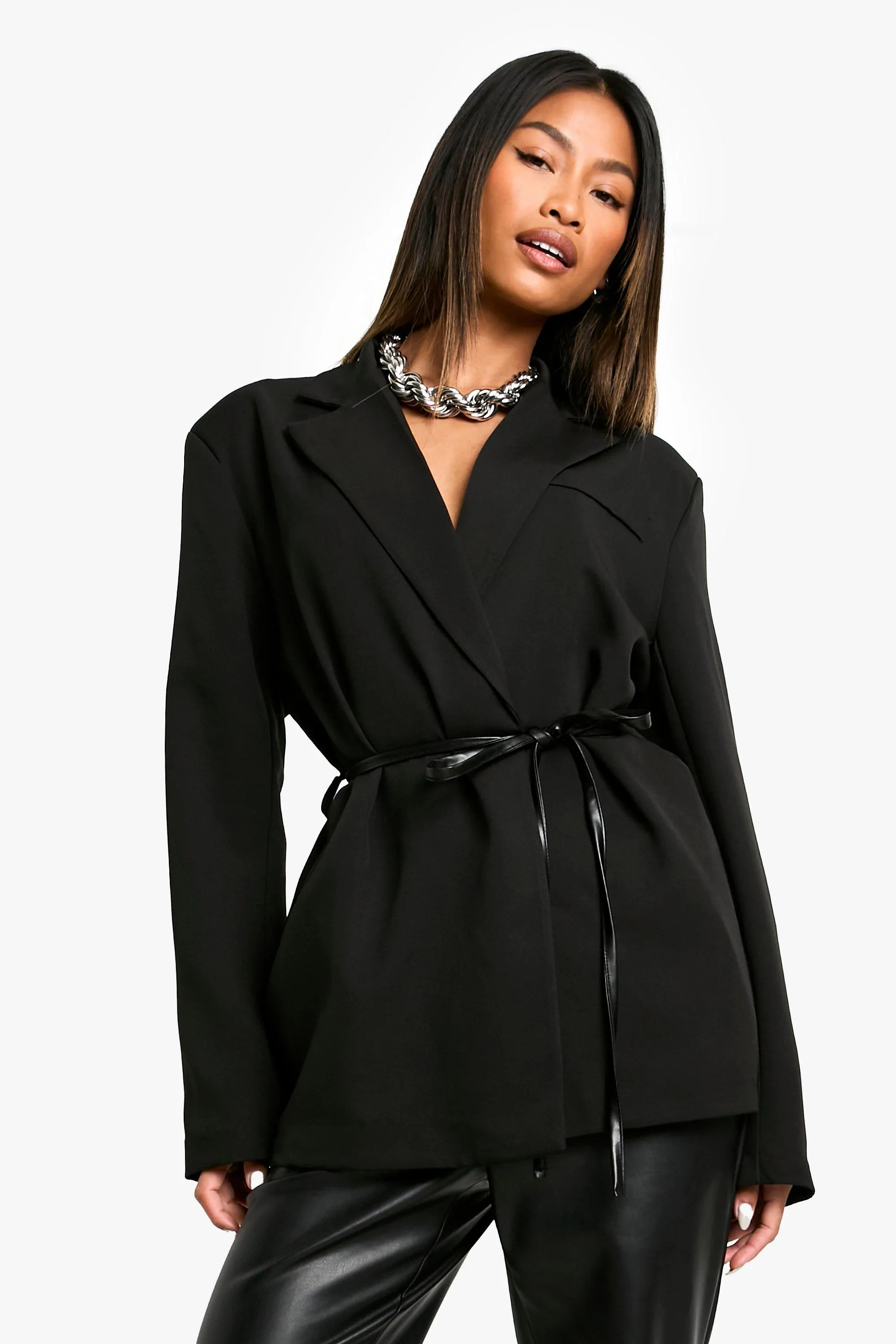 Marl Shoulder Pad Belted Blazer