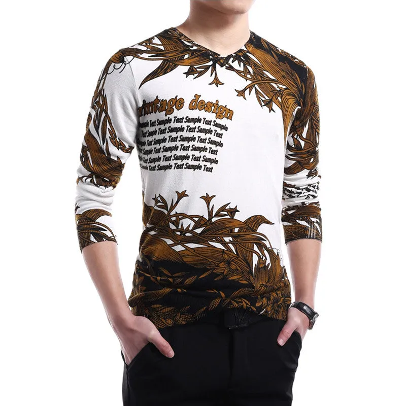 Men Floral Sweaters and Pullovers Men's Casual Slim Fit Large Size Long Sleeved Knitted V Neck Sweaters Pullovers SM6