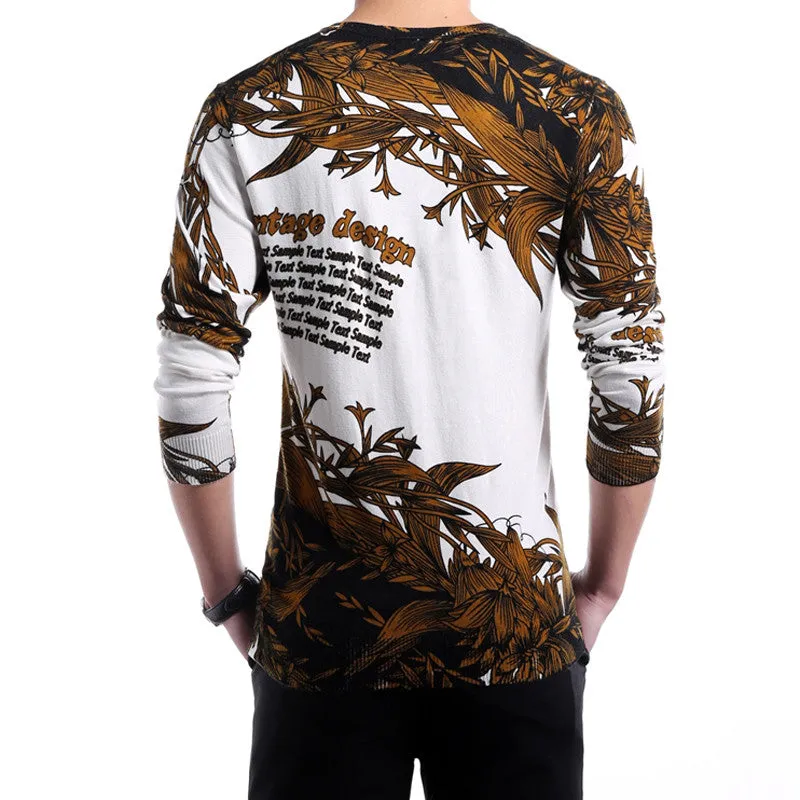 Men Floral Sweaters and Pullovers Men's Casual Slim Fit Large Size Long Sleeved Knitted V Neck Sweaters Pullovers SM6