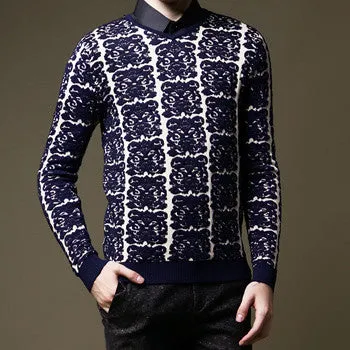 Men Sweaters and Pullovers Men's Casual Slim Fit Large Size Long Sleeved V Neck Floral Pullovers Sweaters SM6