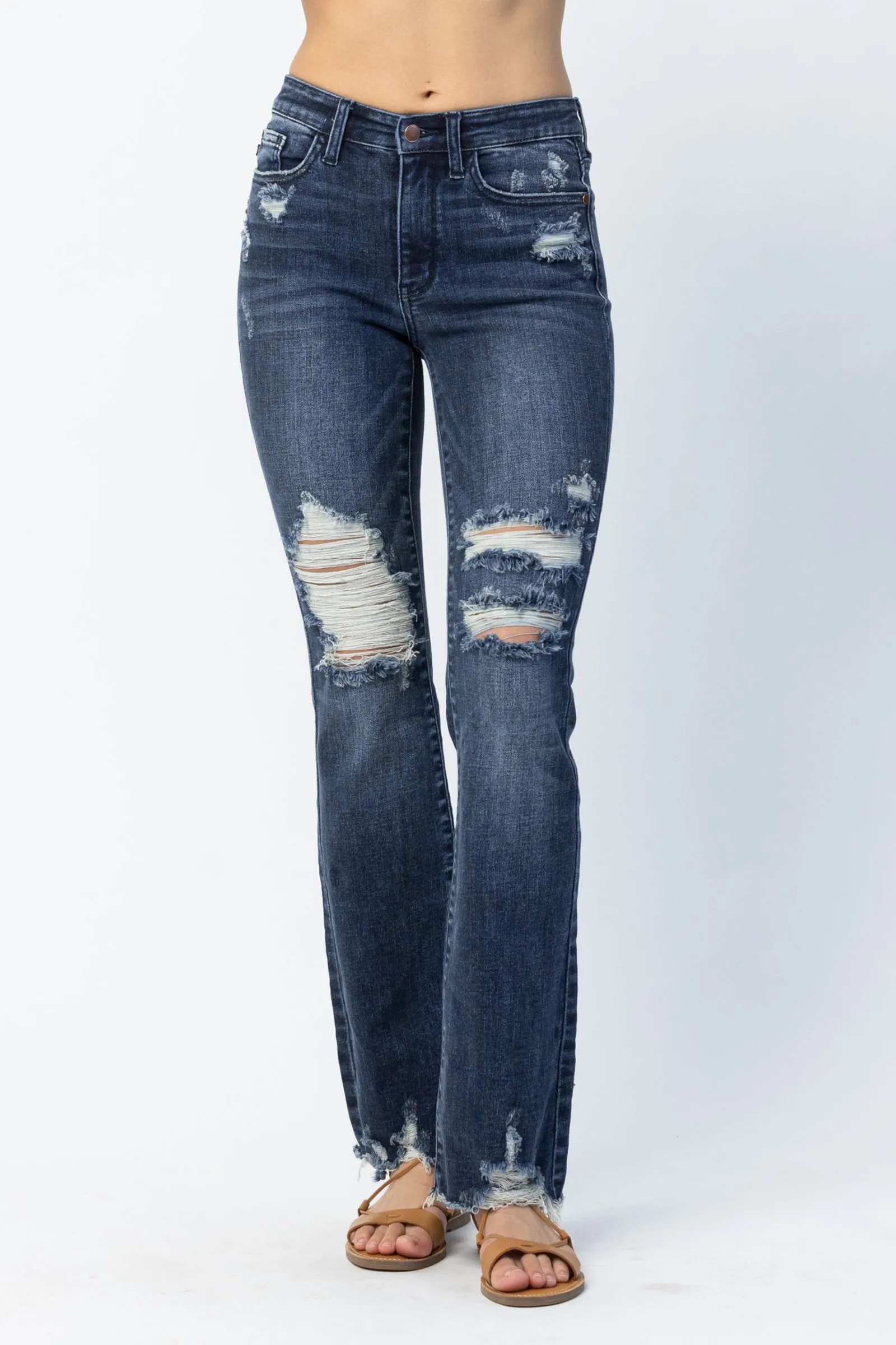 Midrise Hi Contrast Slim Bootcut w Destroy Jeans