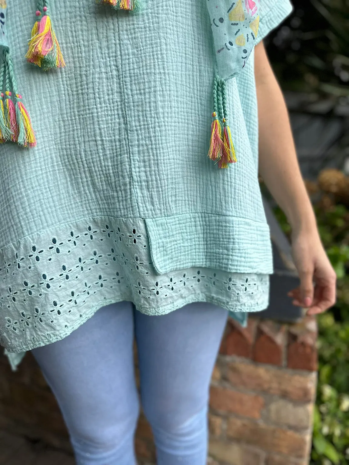 Mint Bubble Cotton Detailed Hem Top Anna